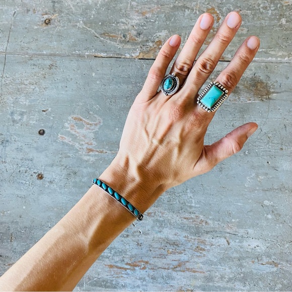 ♥️ Native American ♥️ Vintage Sterling Silver & Turquoise Stacker Cuff - Picture 2 of 16